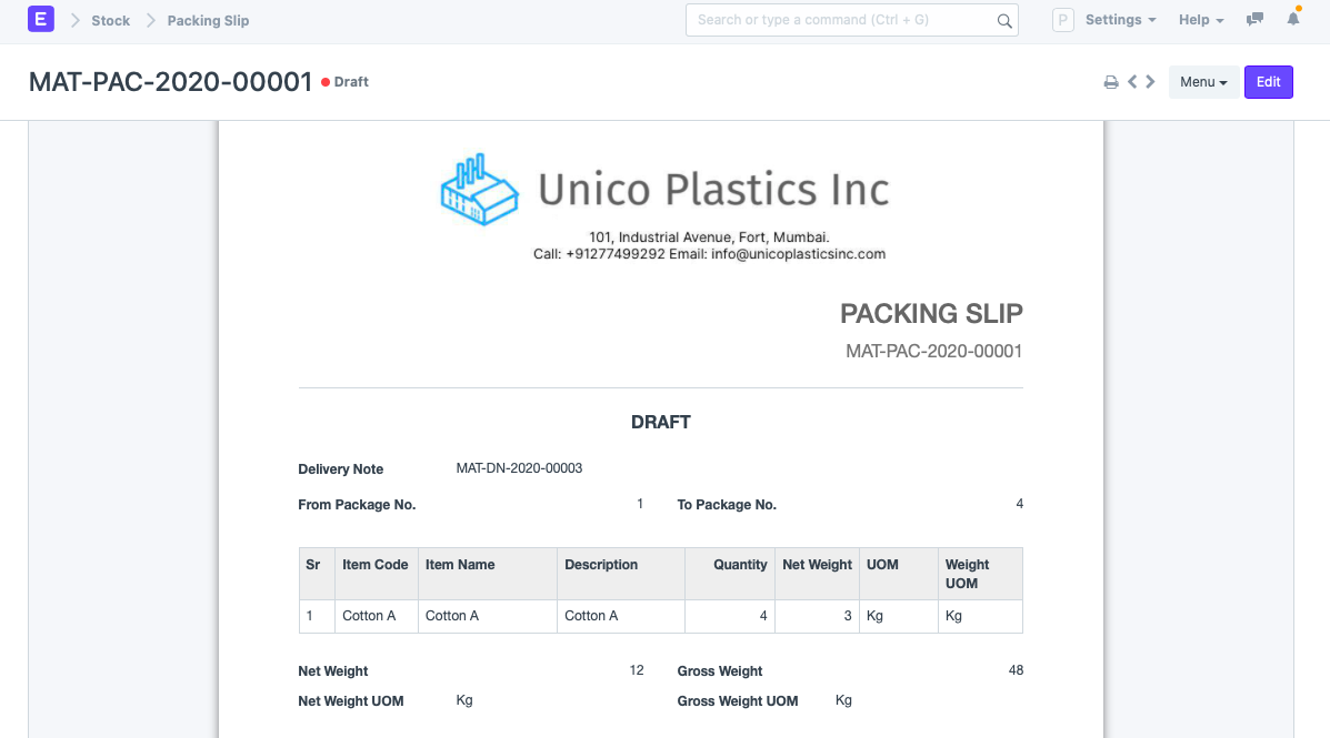 Packing slip example