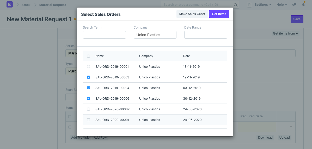 Sales order from material request