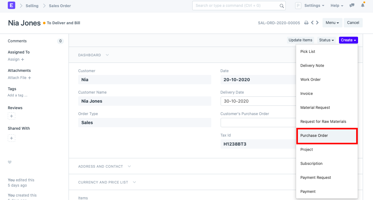 Sales to purchase order